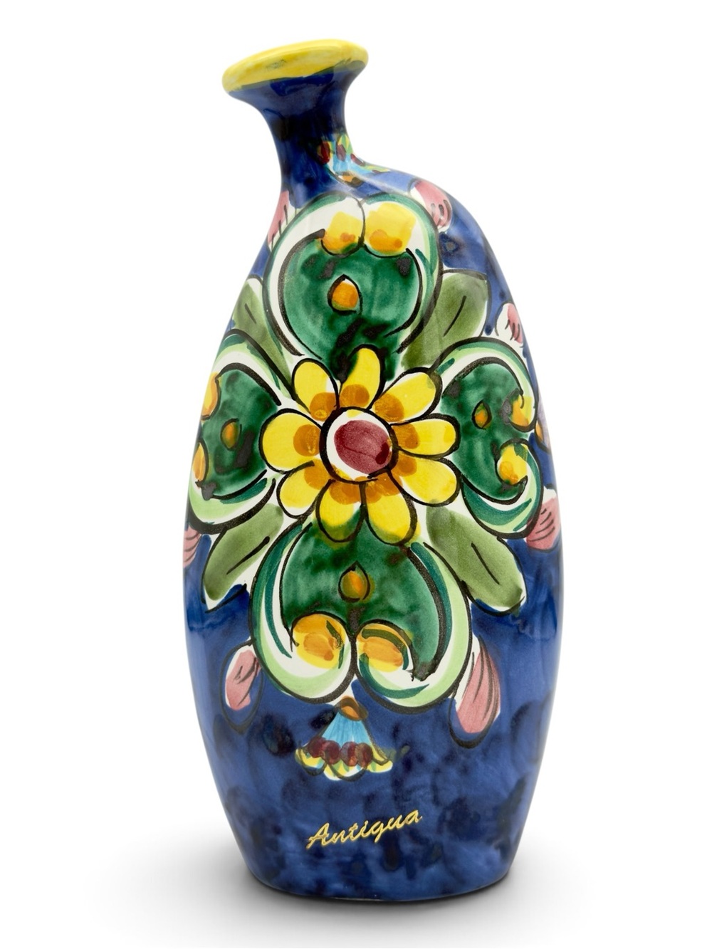Vintage Italian Majolica Bottle Vase Vietri sul Mare Cobalt & Baroque Floral